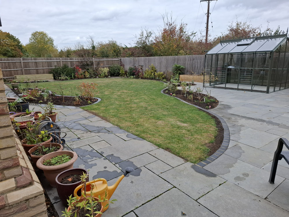 Large New Build makeover Curved lawn, borders including shed and greenhouse